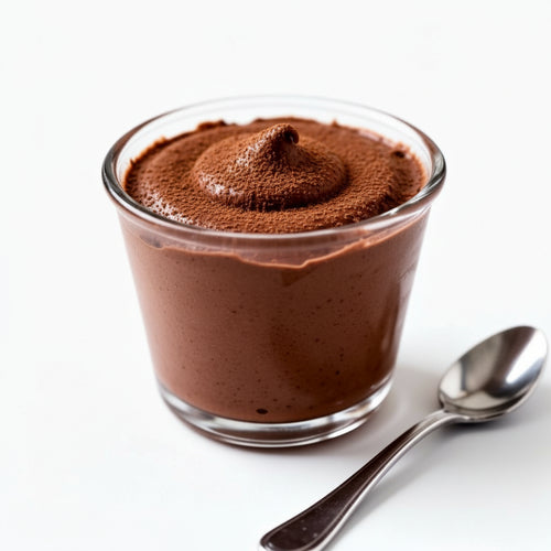 Pudding On-The-Go - Thick chocolate mousse pudding in a glass cup with cocoa dusting